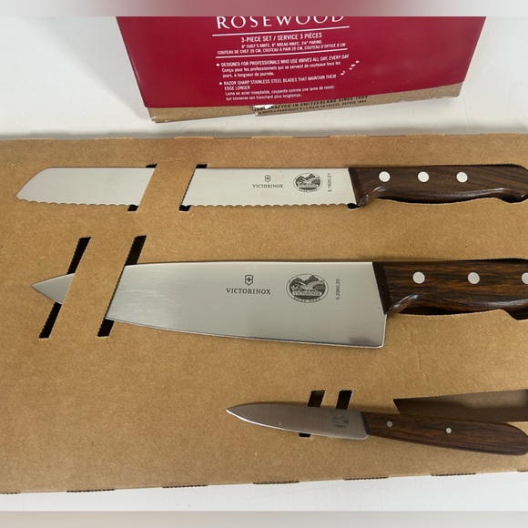 NEW Swiss Army-Victorinox German Made 3-Piece Wood Knife Set with Brown Handles - Picture 4 of 14
